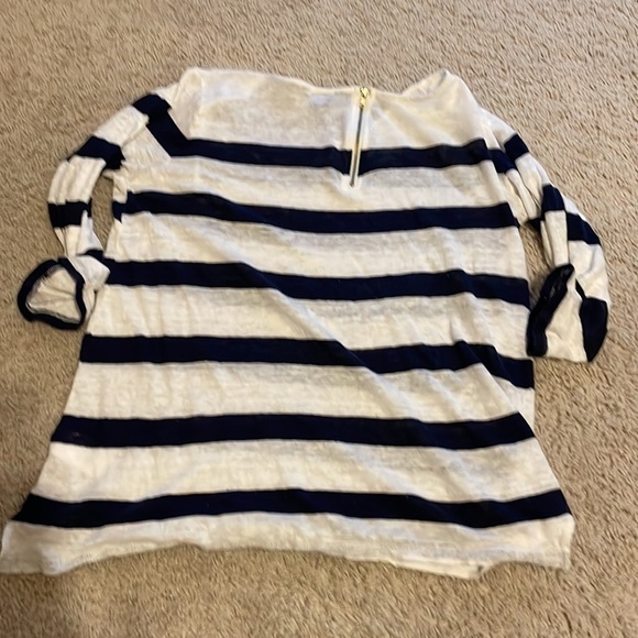 H&M Blue and White Striped 100% Linen 3/4 Sleeve Top Zip Up Back Women's Large - Picture 5 of 8